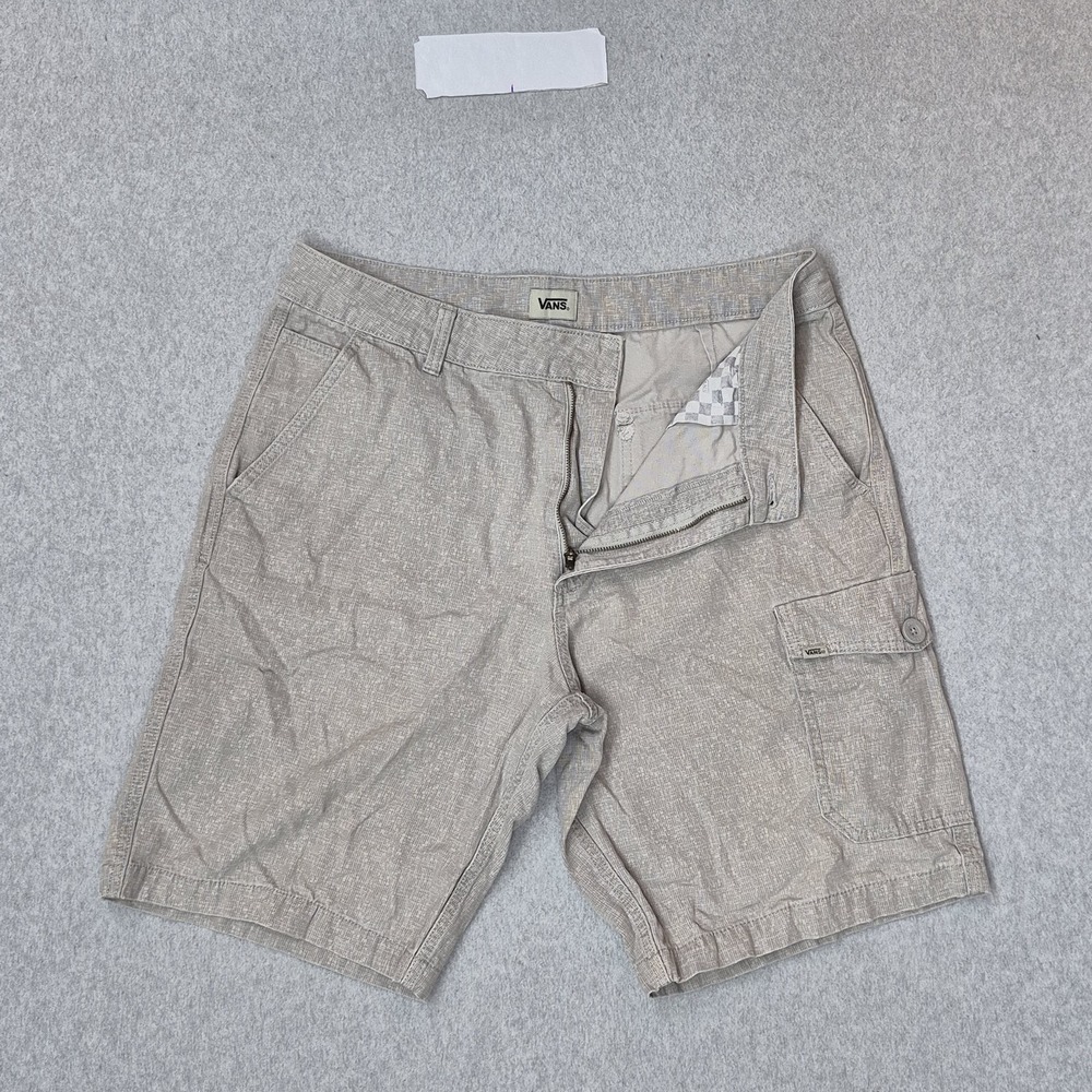 Vans Men Shorts 34 Beige Cargo Button 10" Inseam Logo Outdoor Skater